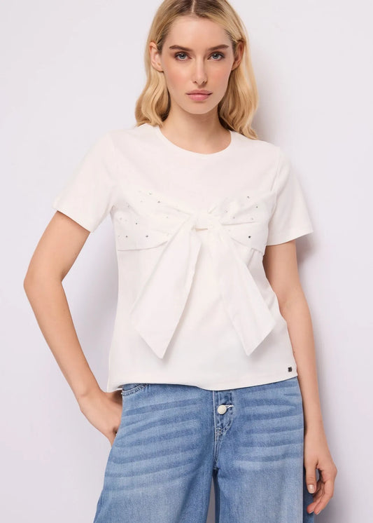 T-shirt bianca da donna con fiocco e strass