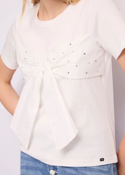 T-shirt bianca da donna con fiocco e strass