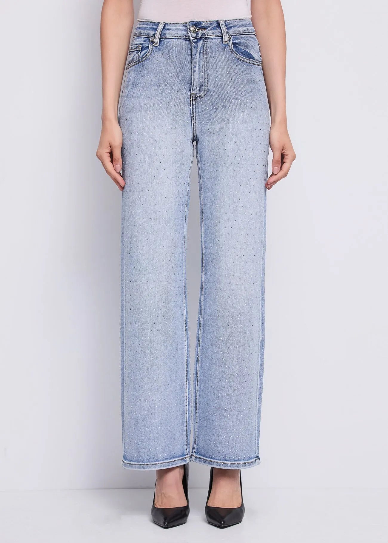 Jeans wide leg da donna in cotone con strass