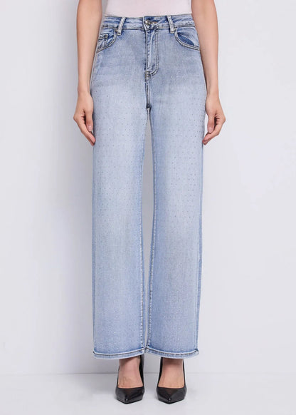 Jeans wide leg da donna in cotone con strass