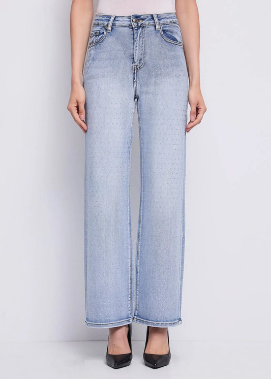 Jeans wide leg da donna in cotone con strass