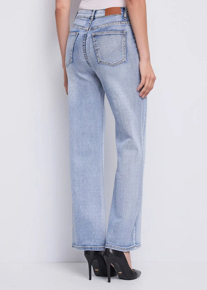 Jeans wide leg da donna in cotone con strass