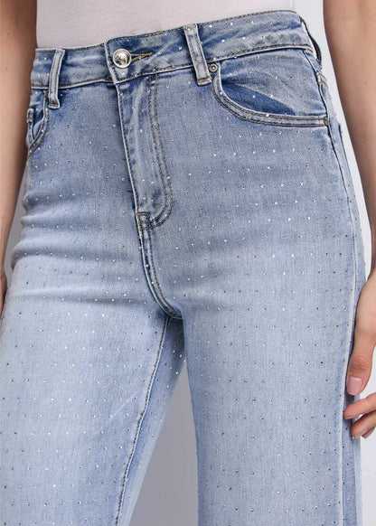 Jeans wide leg da donna in cotone con strass