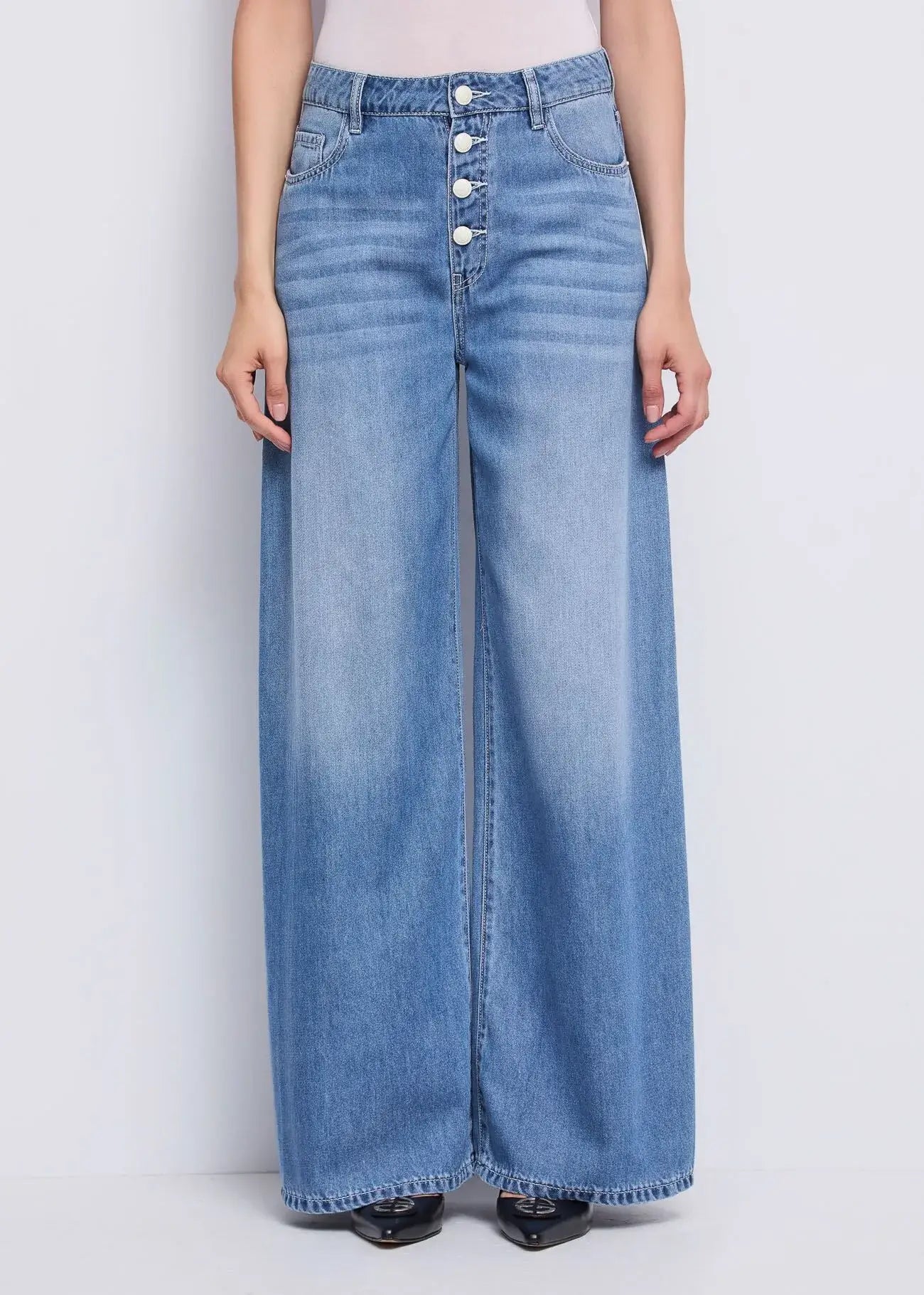 Jeans wide leg da donna in cotone effetto used