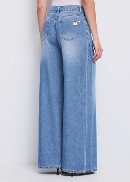 Jeans wide leg da donna in cotone effetto used