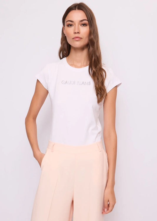 T-shirt bianca da donna con strass e logo