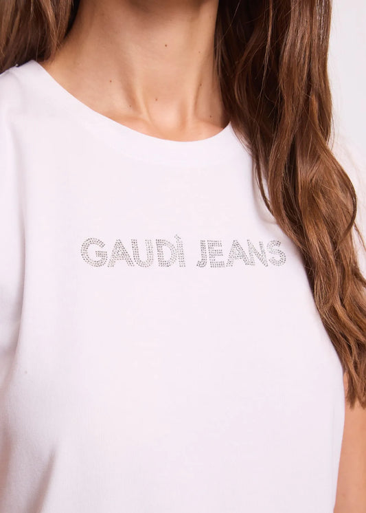 T-shirt bianca da donna con strass e logo