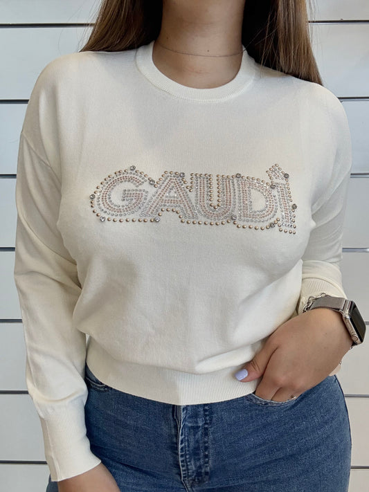Maglia panna da donna con logo e strass