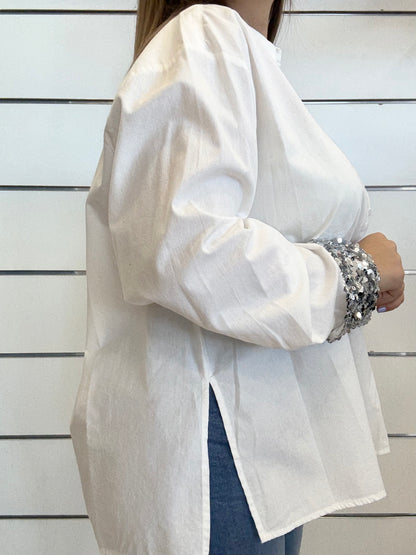 Camicia da donna in popeline con paillettes, maniche lunghe e taglio morbido per un look elegante