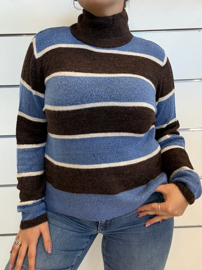 Maglioncino collo alto a righe marrone e azzurro