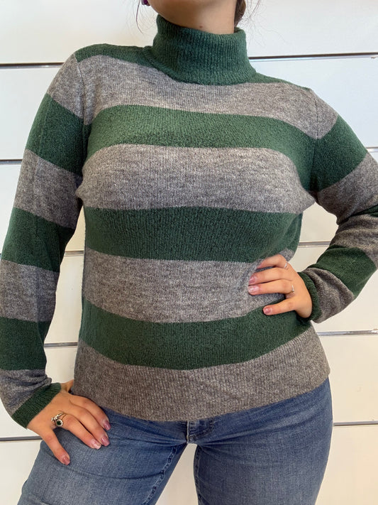 Maglioncino collo alto a righe grigio e verde