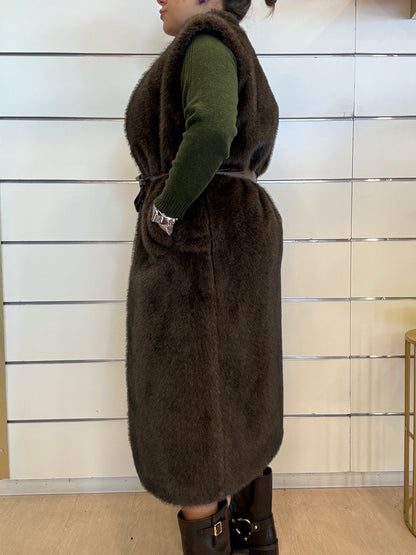 Gilet lungo da donna in ecopelliccia con cintura