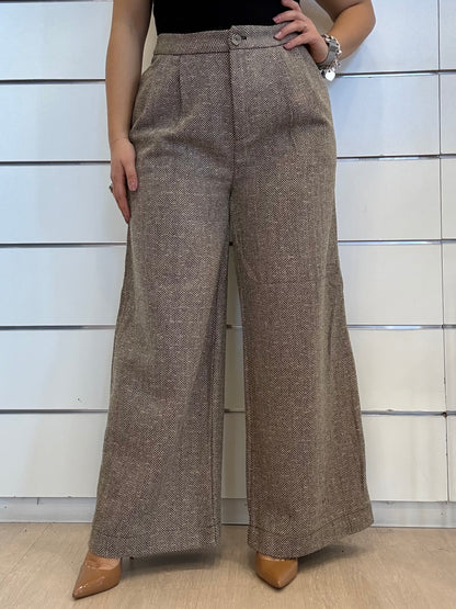 Pantalone largo a pieghe con motivo a spina di pesce