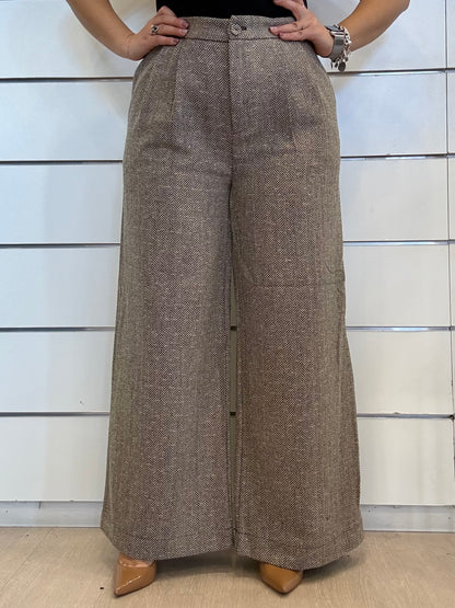 Pantalone largo a pieghe con motivo a spina di pesce