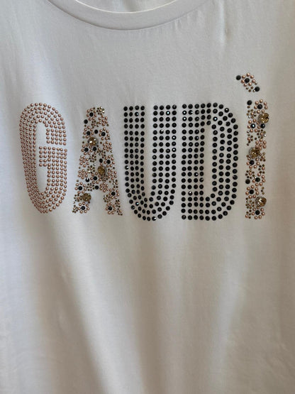 T-shirt bianca da donna in jersey con strass e borchie