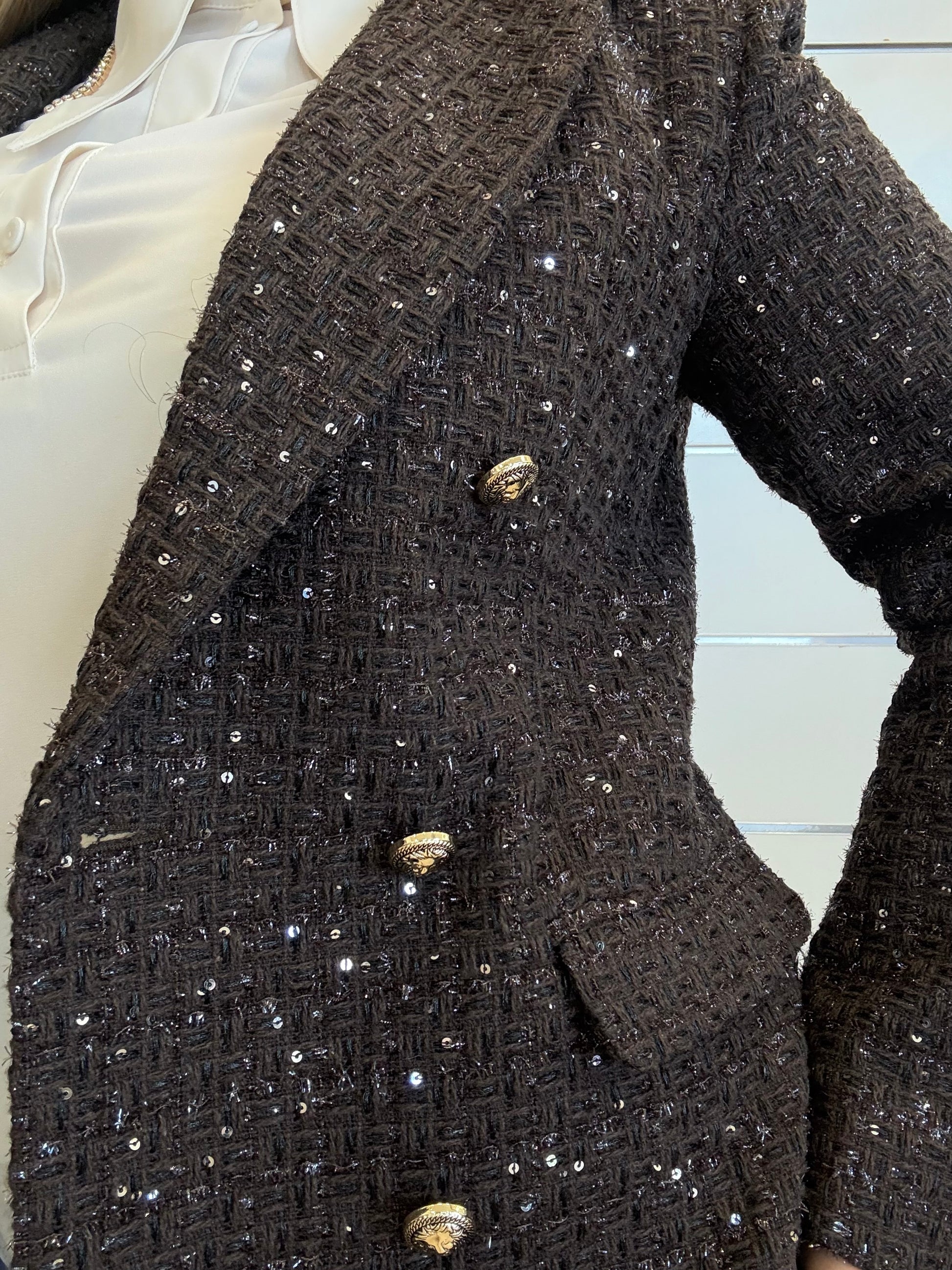 Giacca cioccolato Gaudì, blazer da donna in lana e lurex con dettagli scintillanti e bottoni dorati