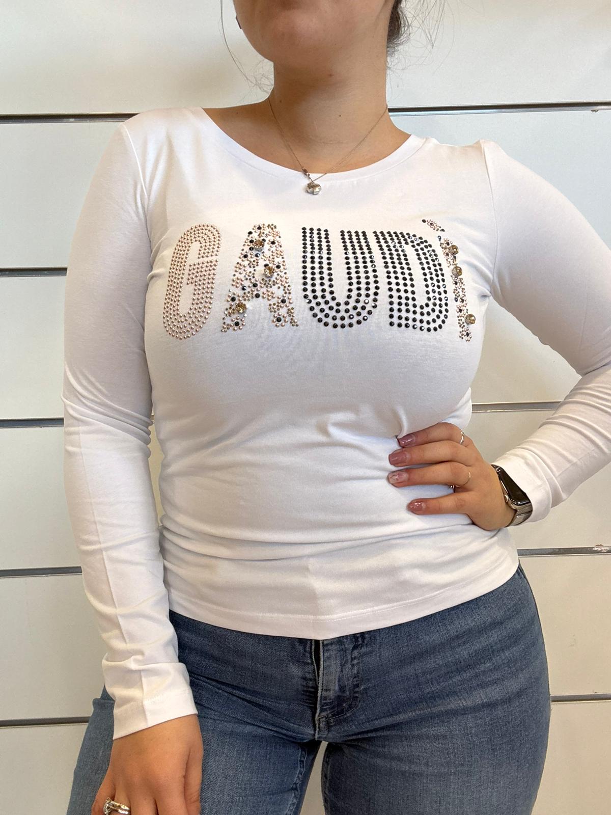 T-shirt bianca da donna in jersey con strass e borchie