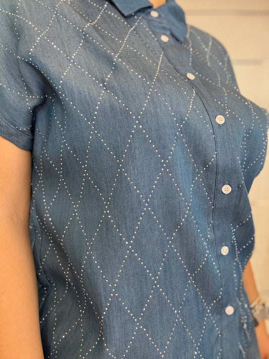 Camicia a maniche corte Gaudì in denim blu con dettagli in perline per un look elegante e alla moda
