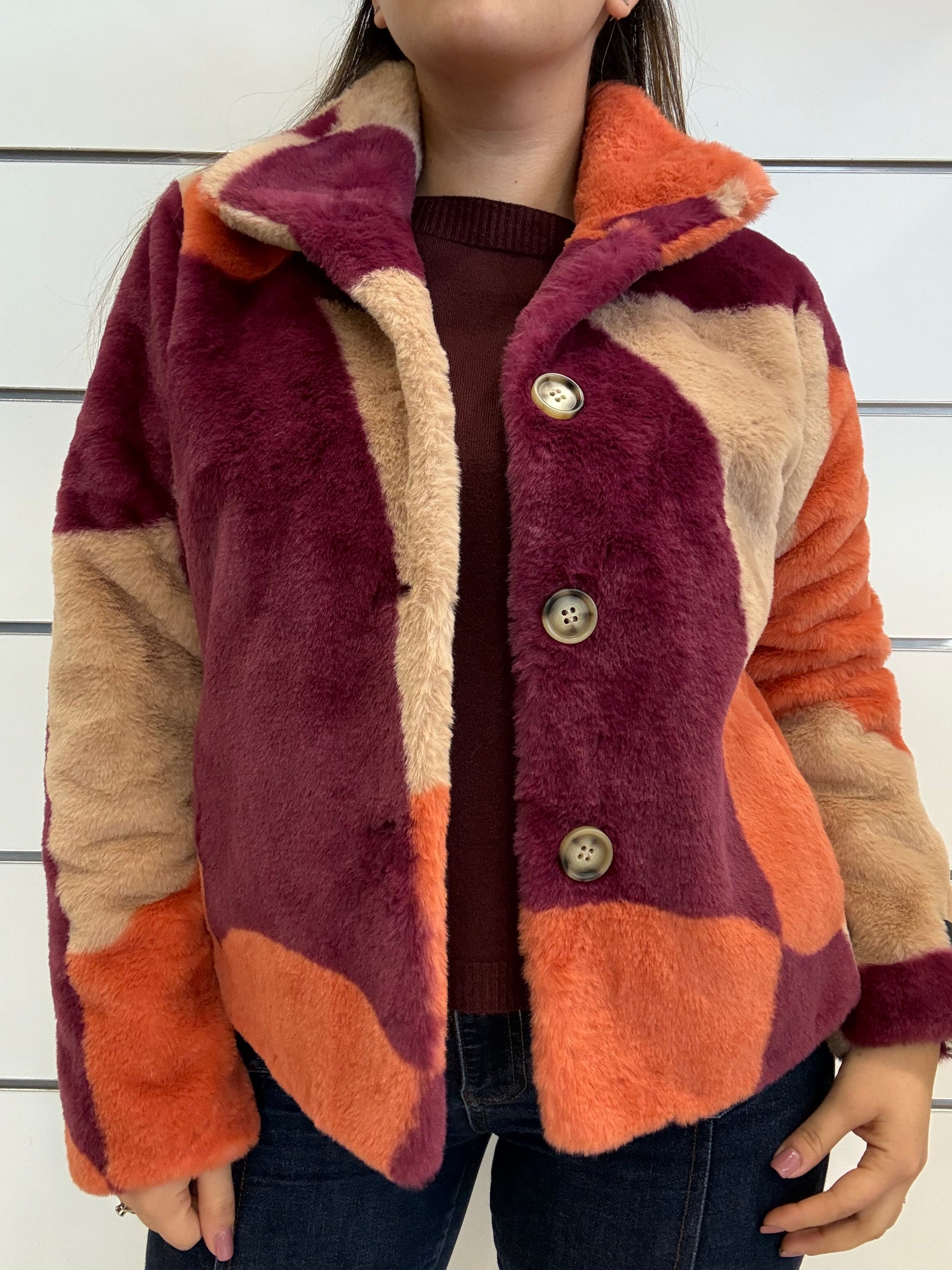 Ecopelliccia multicolor RINO E PELLE con motivi geometrici e bottoni sul frontale