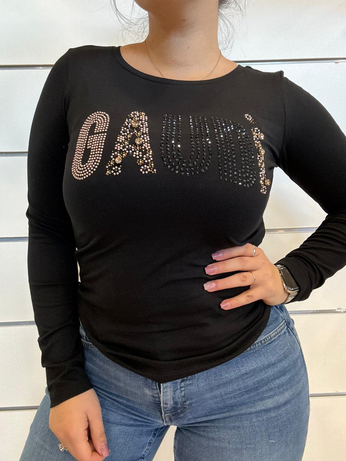 T-shirt nera da donna in jersey con strass e borchie