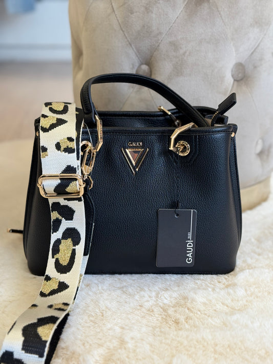 Borsa a mano nera donna Gaudì con tracolla leopardata e dettagli eleganti