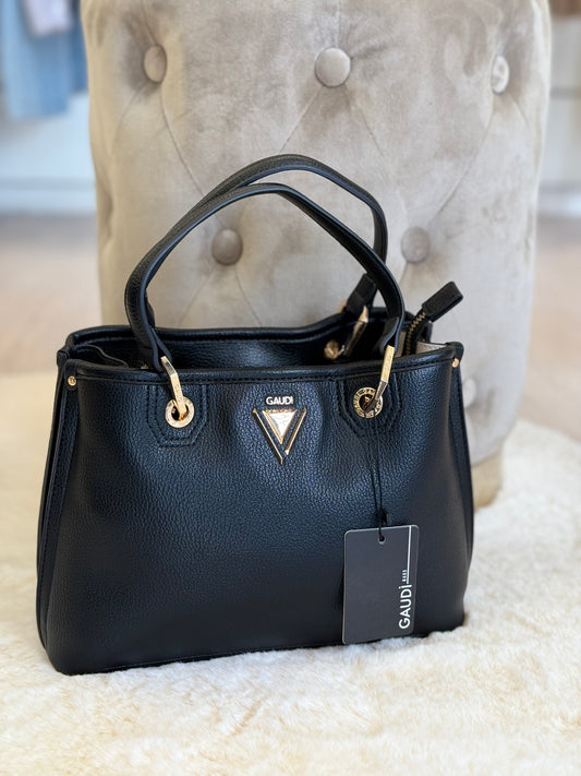 Borsa a mano nera donna di Gaudì con manici dorati e design elegante