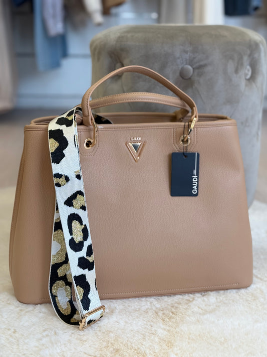 Borsa a mano e tracolla Gaudì in pelle beige con manico leopardato e logo elegante