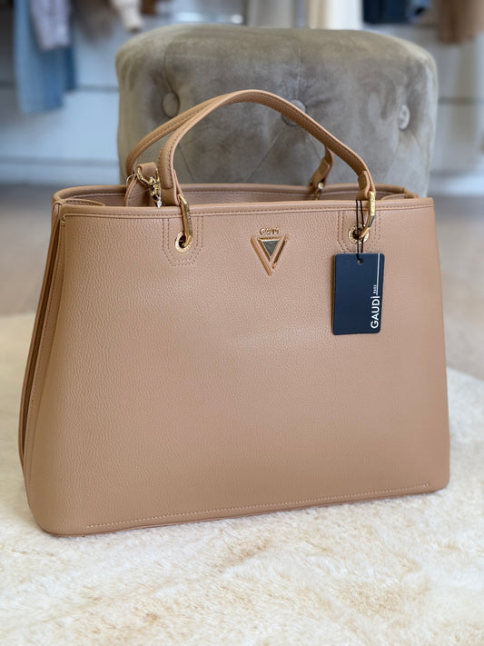 Borsa a mano e tracolla Gaudì in cuoio color sabbia con logo elegante e manici raffinati