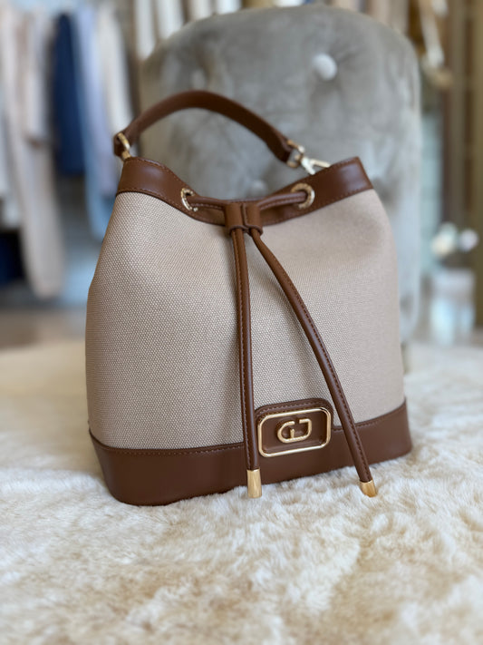 Borsa a secchiello Gaudì in tessuto beige con dettagli in pelle marrone e chiusura a lacci