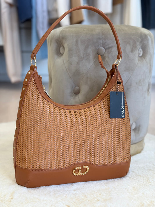 Borsa hobo marrone Gaudì in tessuto intrecciato con manico morbido e dettagli eleganti