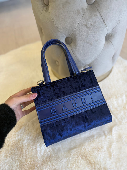 Borsa top handle blu in velluto Gaudì con manici e logo in evidenza
