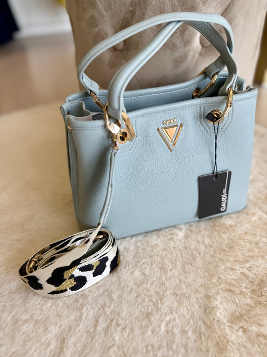 Borsa top handle celeste in similpelle con tracolla maculata e dettagli dorati di Gaudì