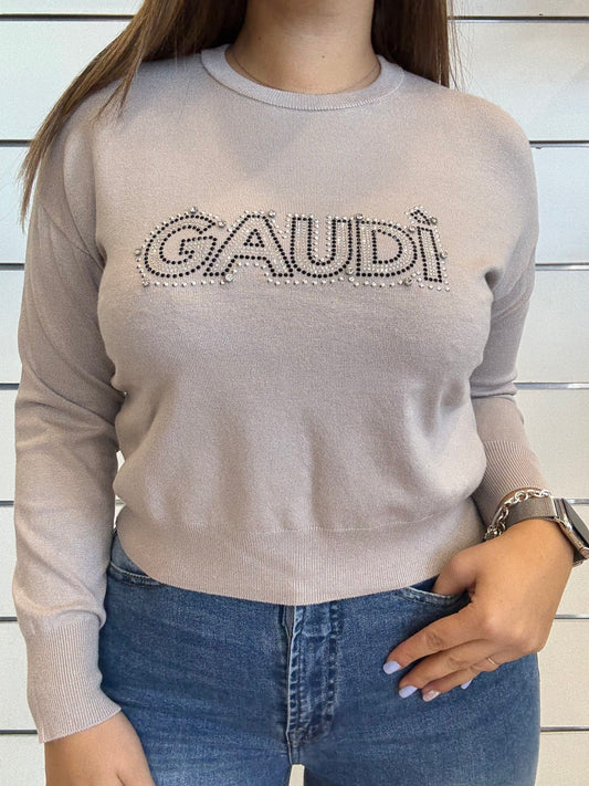 Maglia grigia da donna con logo e strass di Gaudì, un maglioncino elegante e trendy