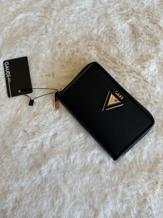 Portafoglio zip around nero piccolo Gaudì in pelle con dettagli dorati e logo distintivo