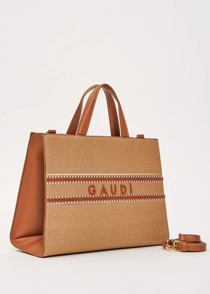 Shopping bag beige con tracolla di Gaudì con manici in pelle e logo elegante