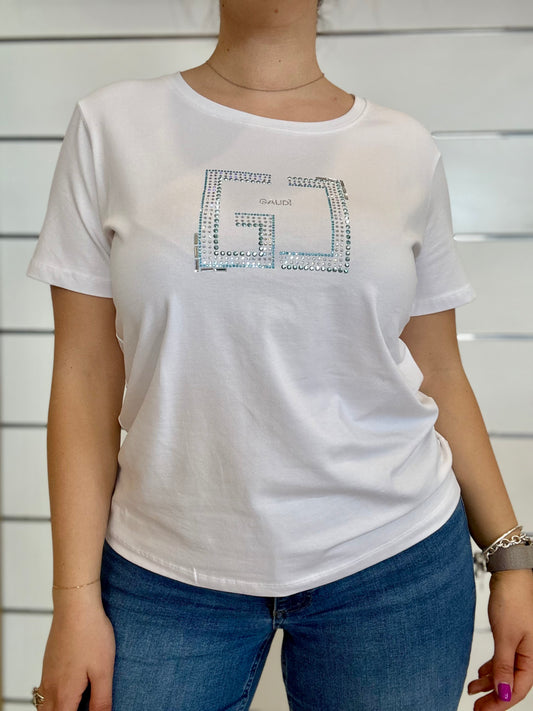 T-shirt donna bianca con logo e strass di Gaudì, elegante e alla moda per ogni occasione
