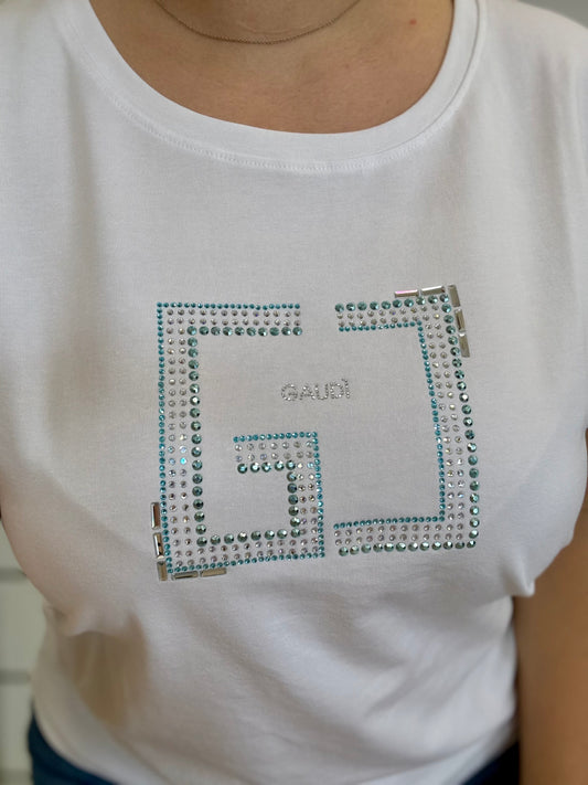 T-shirt donna bianca con logo e strass di Gaudì con design elegante e scintillante