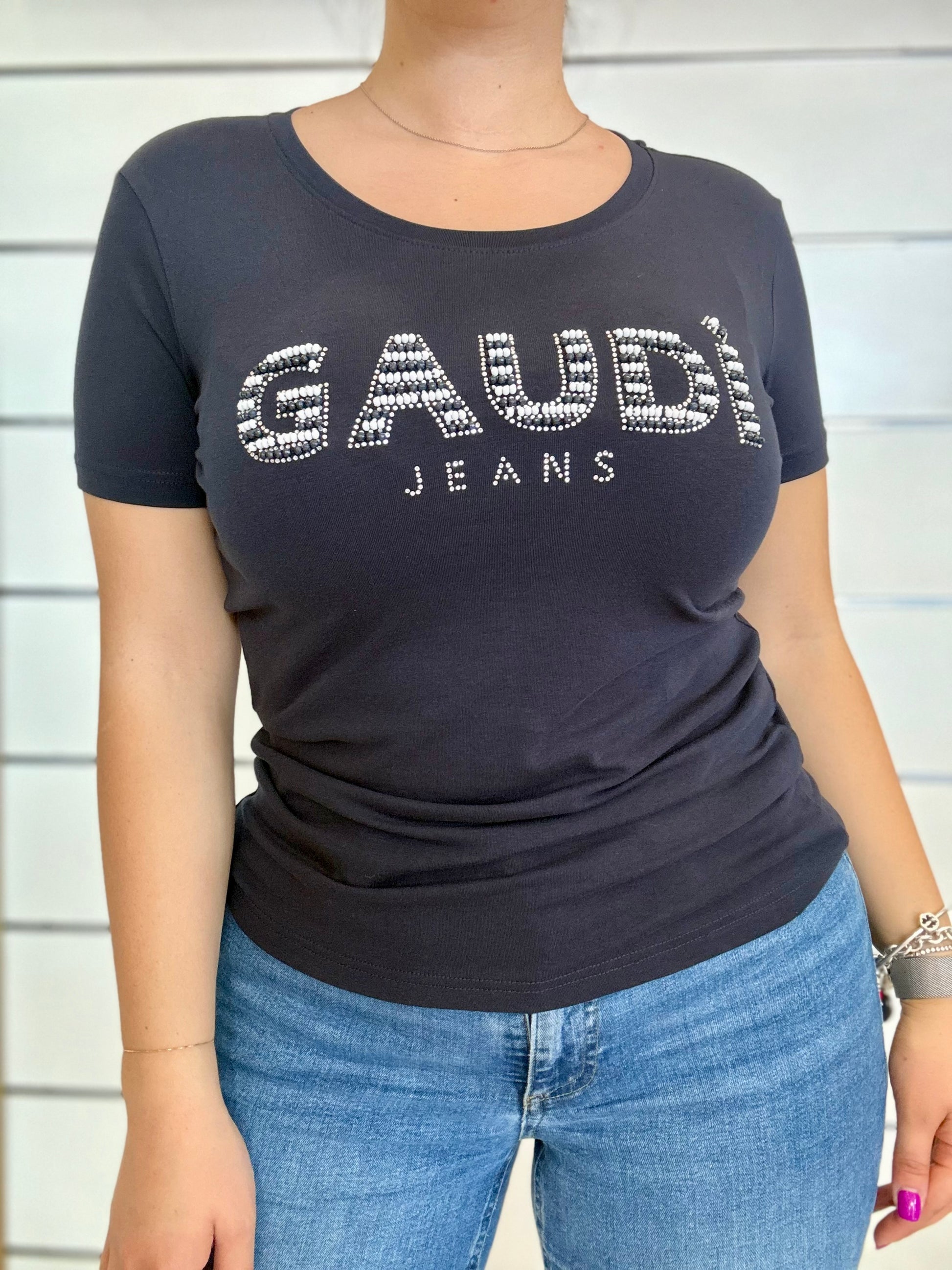 T-shirt donna blu con strass Gaudì jeans, elegante e comoda, ideale per outfit casual