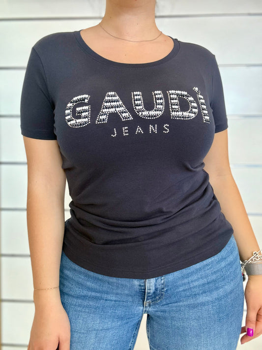 T-shirt donna blu con strass Gaudì jeans, elegante e comoda, ideale per outfit casual