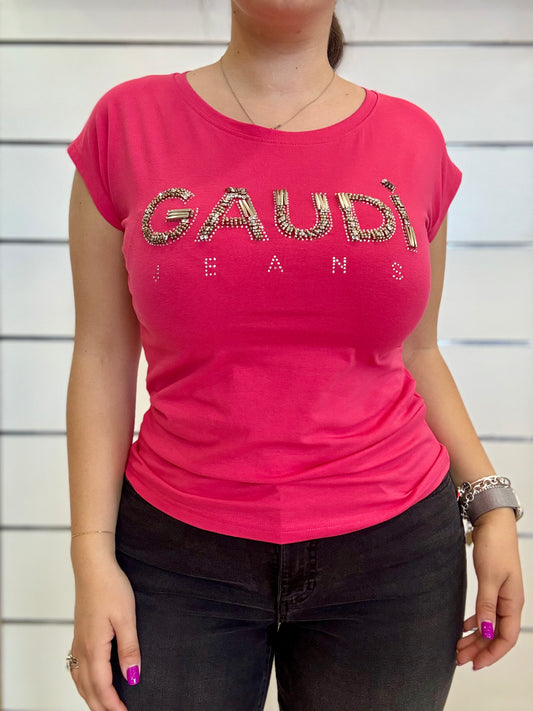 T-shirt donna fucsia in jersey con logo Gaudì in rilievo e maniche corte