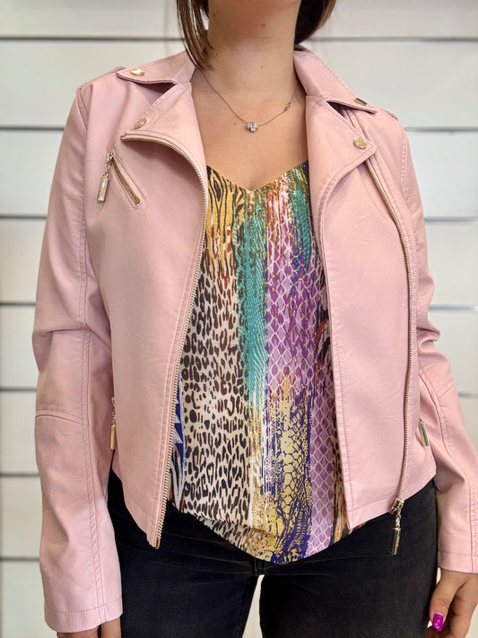 Giacca biker donna con zip di colore rosa, elegante e alla moda, perfetta per ogni outfit