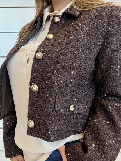 Giacca da donna in lana e lurex color cioccolato con bottoni eleganti e design crop