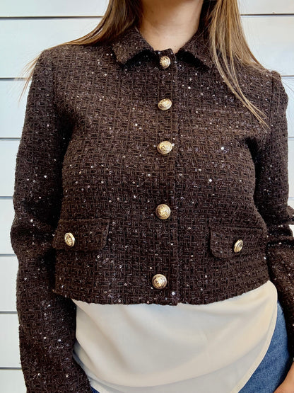 Giacca crop cioccolato da donna in lana e lurex con bottoni dorati e tasche laterali