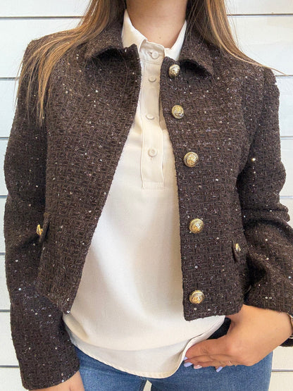 Giacca crop cioccolato in lana e lurex da donna con bottoni dorati, stilosa e chic