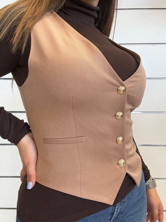 Gilet da donna con bottoni dorati di Gaudì in beige, elegante e comodo per ogni occasione