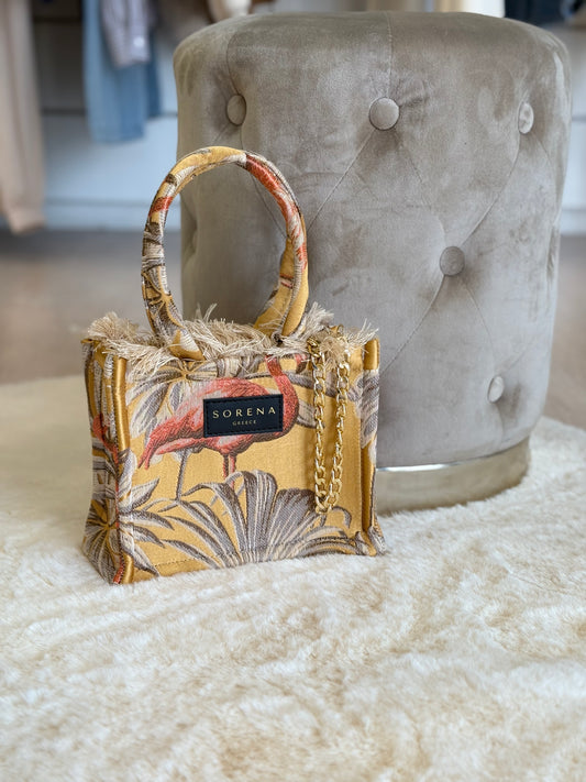 Borsa a mano e tracolla Isla gialla mini tote bag di Sorena Handmade con design floreale elegante