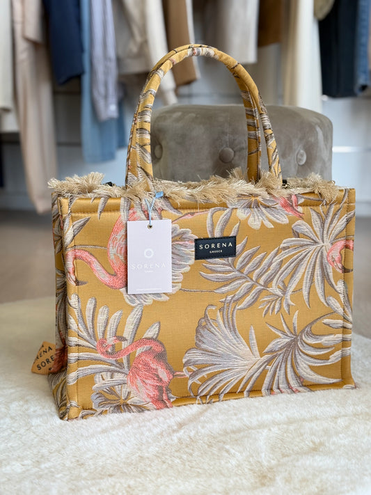 Borsa a mano e tracolla Isla yellow tote bag con motivo floreale e frange, artigianato Sorena