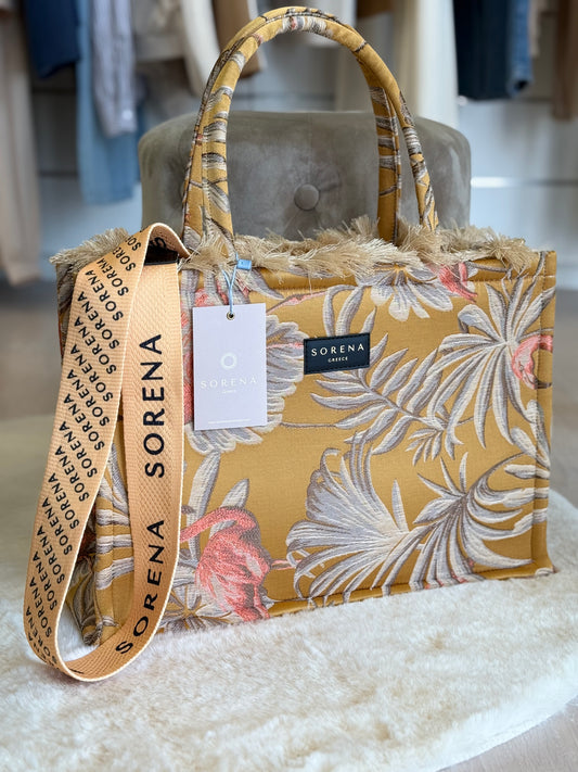Borsa a mano e tracolla Isla yellow tote bag con motivi floreali e manici in tessuto morbido