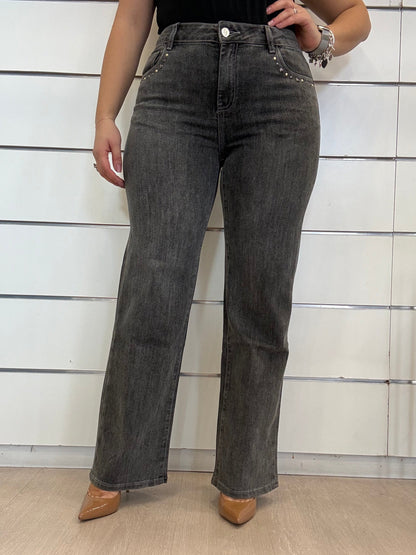 Jeans da donna con borchie grigi di Gaudì, taglio dritto e dettagli sul davanti