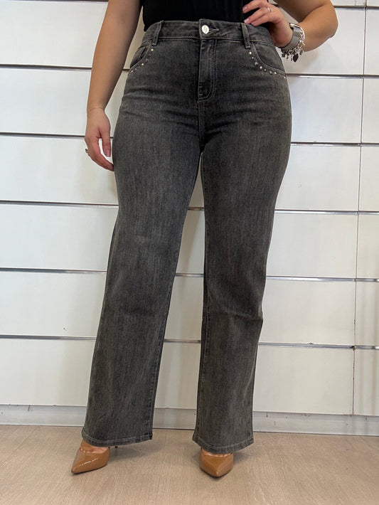 Jeans da donna con borchie grigi di Gaudì, taglio dritto e dettagli sul davanti